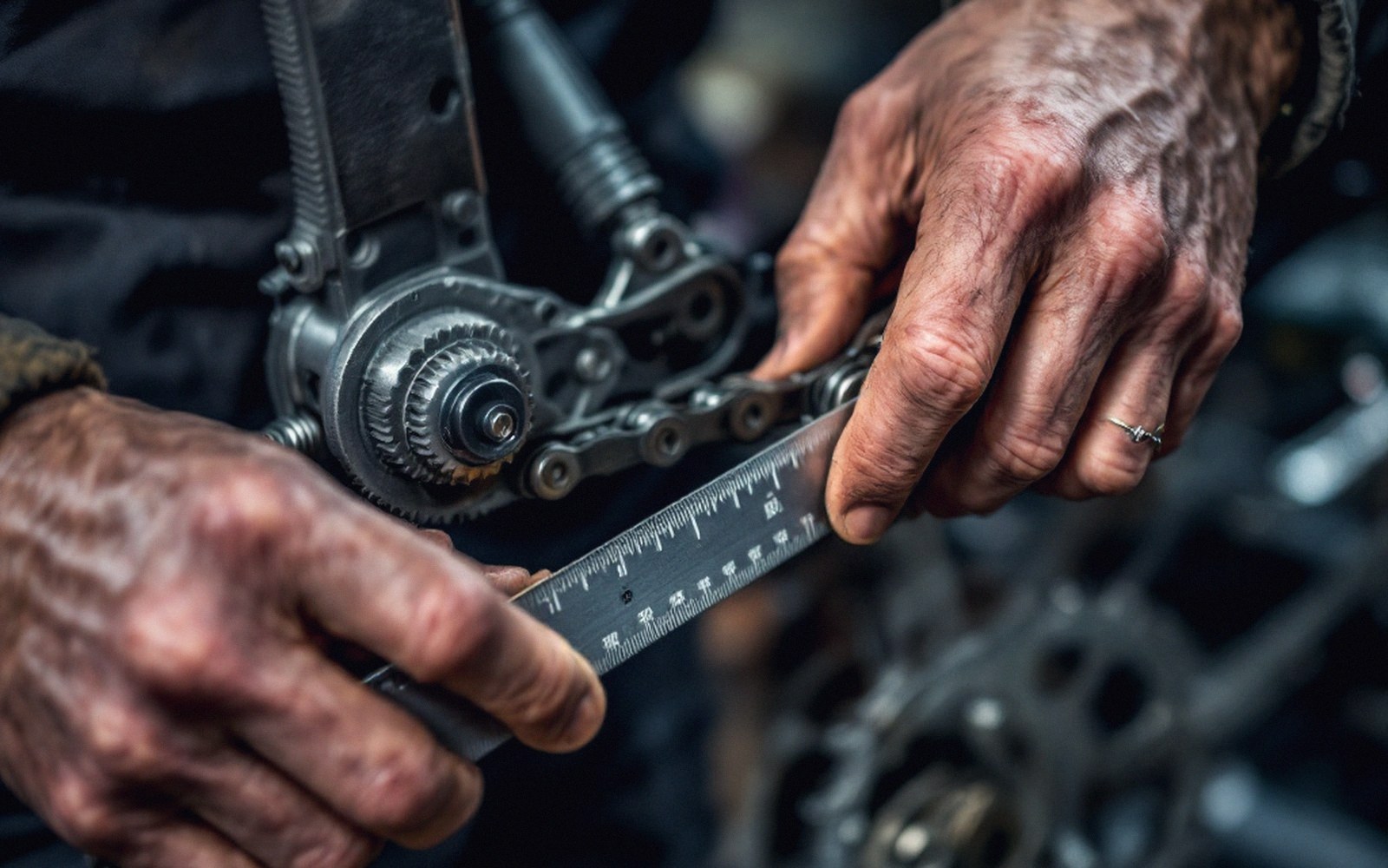 An adult mechanic’s hands setting chain tension with a ruler against the swingarm